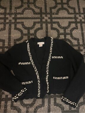 Pearl-Embellished Black Cropped Cardigan Sweater- two piece set